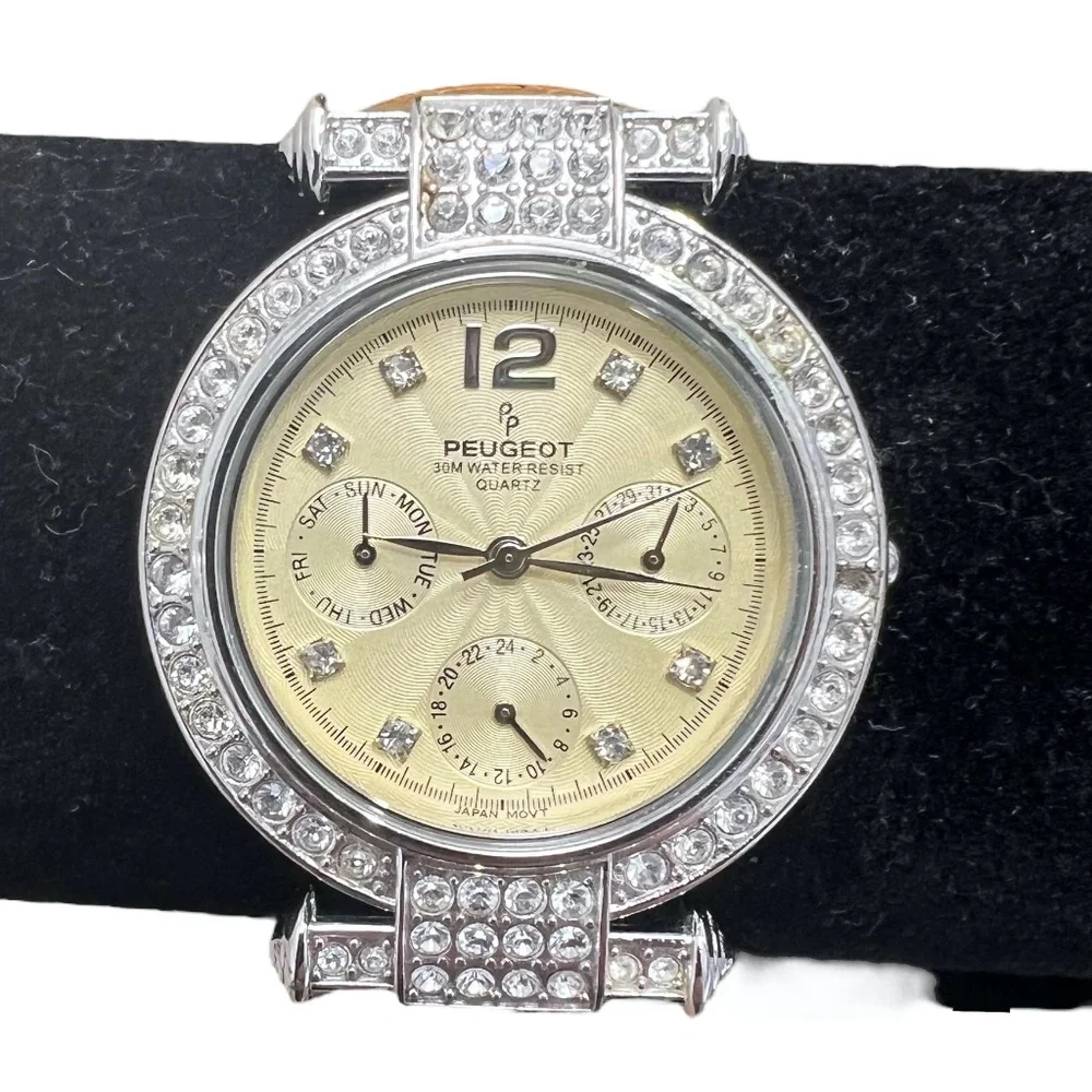 P. PEUGEOT YELLOW FACE & CROCODILE STAMPED BAND WITH CRYSTAL BEZEL WATCH